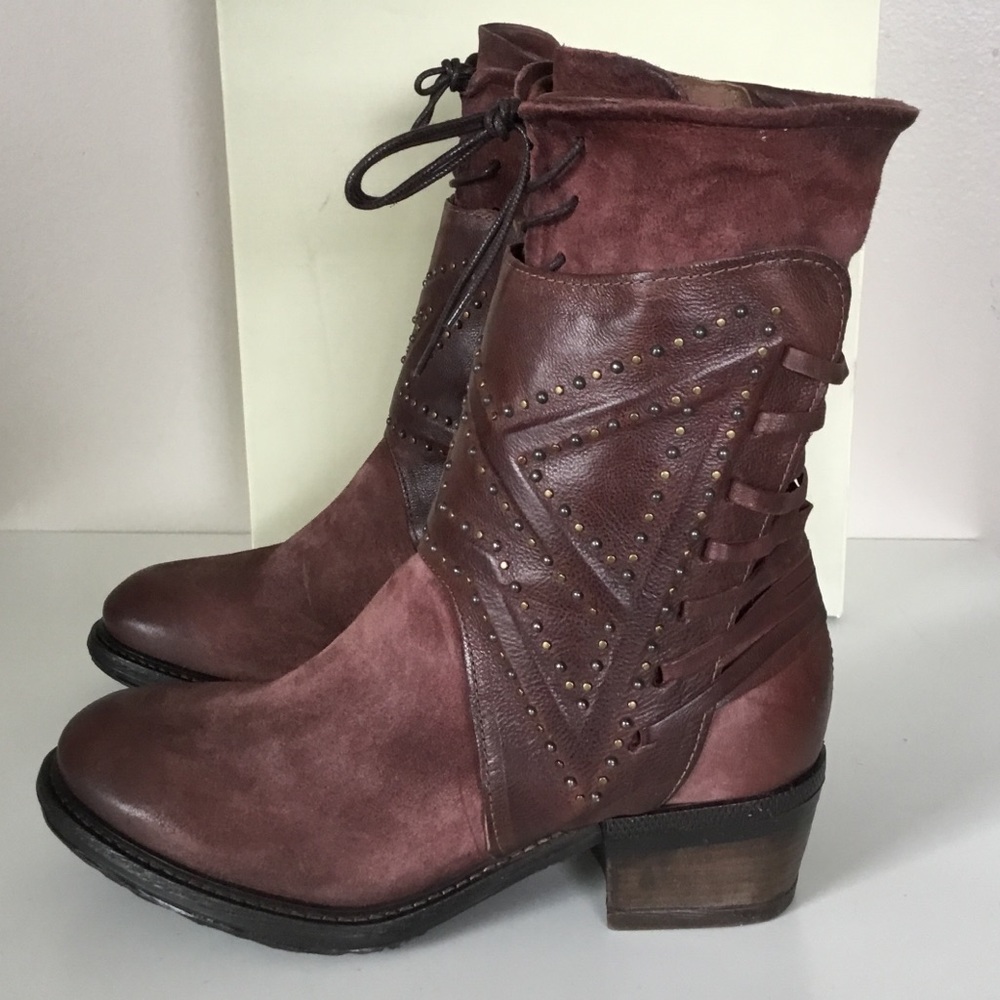 Women's Burgundy Lace-Up Studded Mid-Calf Boots, Tags Not Attached